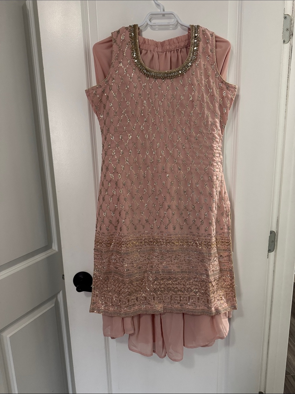 Embellished Rose Pink Sleeveless Punjabi suit with Beaded Neckline